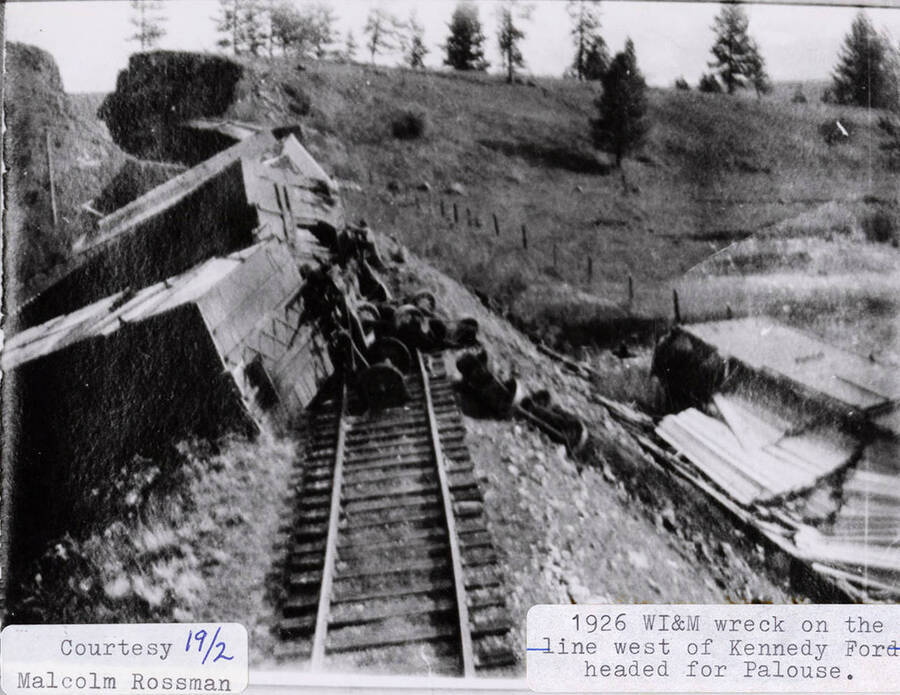 View of a WI&M train wreck on the line that was located west of Kennedy Ford headed for Palouse.