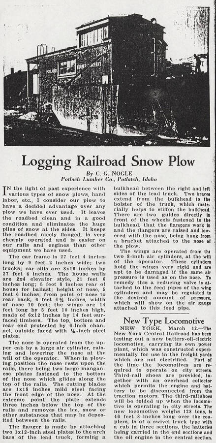 Newspaper article about the logging railroad snow plow being used by the Potlatch Lumber Company. The article discusses the design of the snow plow and how it operates.