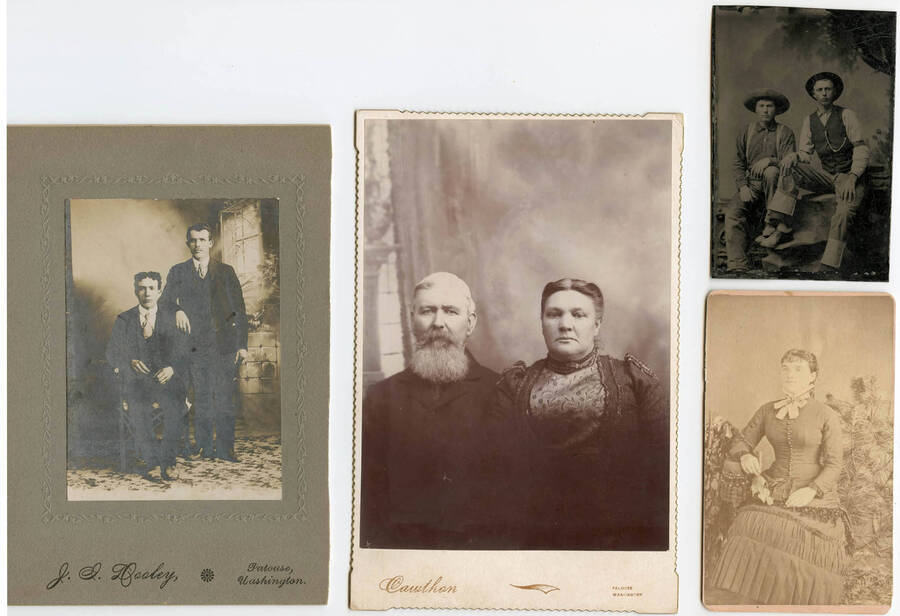 Four photographic portraits of men and women from the turn of the century.