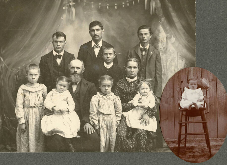 Names read as subjects appear, left to right: Fred, John, Charlie, and Willie. Emma, Ida and Grandpa Bysegger. Grandma Bysegger. Ida on her father's lap. Mary and Clara on her mother's lap. Eddie in additional picture c. 1905.