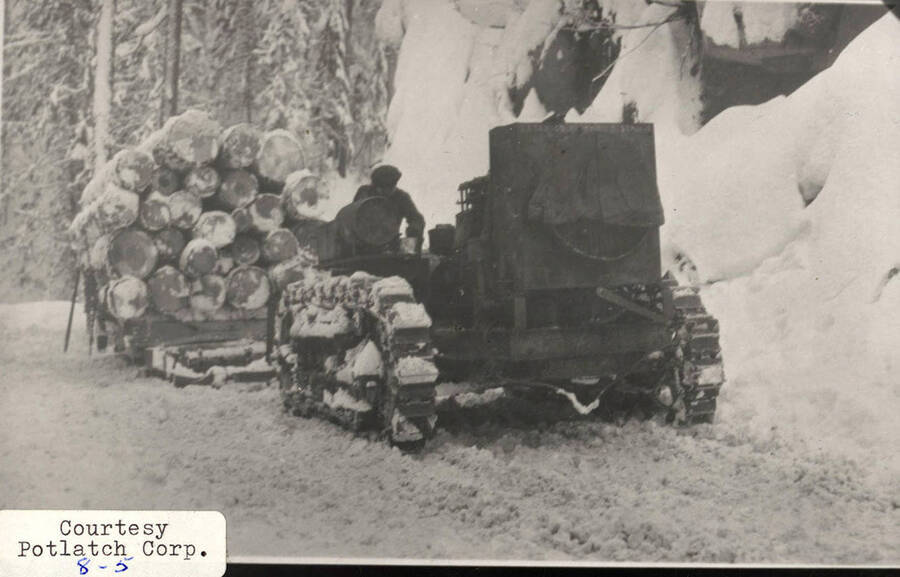 View of a man sitting on top of a tractor that is hauling stacks of logs through the snow.