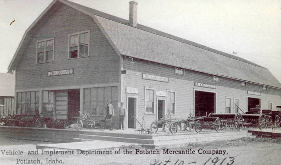 The Vehicle and Implement Department of the Potlatch Mercantile Company, located in Potlatch, Idaho. This was the old townsite where supples were kept to maintain the town.