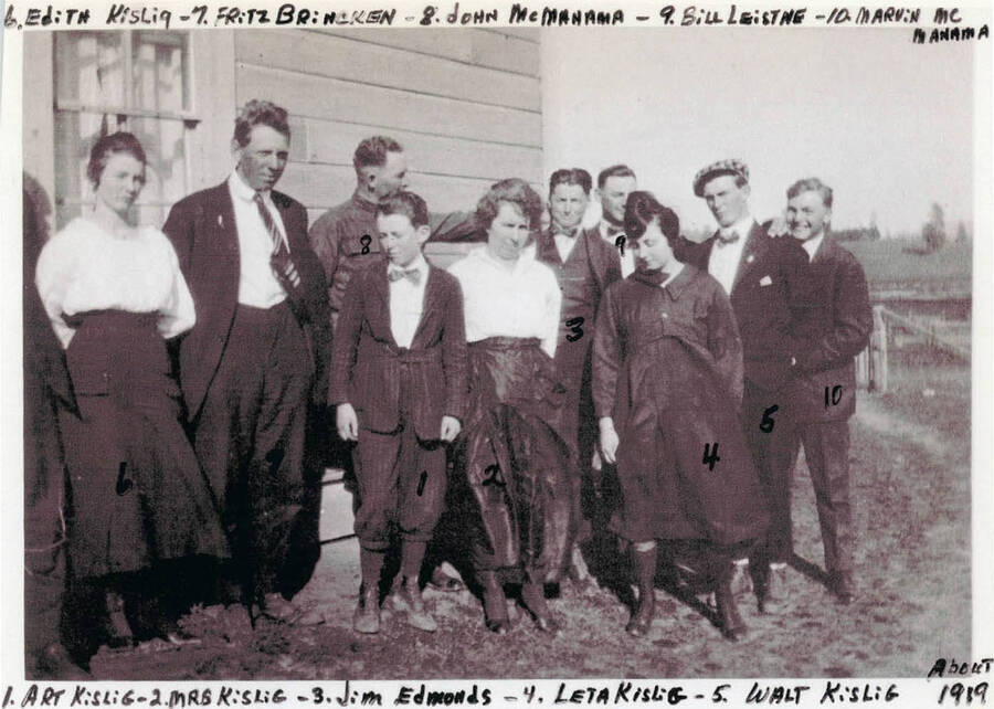A group photo of Art Kislig (1), Mrs. Kislig (2), Jim Edmonds (3), Leta Kislig (4), Walt Kislig (5), Edith Kislig (6), Fritz Brincken (7), Donn Mcmanama (8), Bill Liestne (9), and Marvin McManama (10).