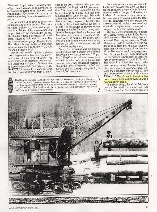 A document by Hartford Product, Inc. discussing a kit they were producing for the Barnhart Log Loader. The document also shows a photo of a loader that as been rusting away in a field near Elk River, Idaho.