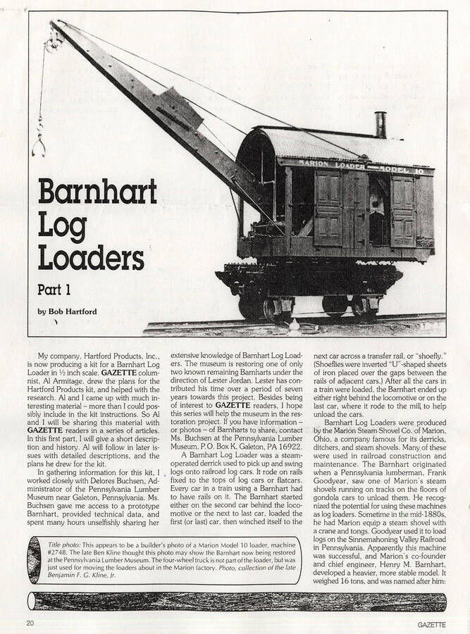 A document by Hartford Product, Inc. discussing a kit they were producing for the Barnhart Log Loader.