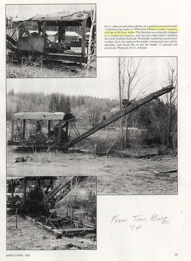 A document by Hartford Product, Inc. discussing a kit they were producing for the Barnhart Log Loader. The document also shows photos of the Potlach Lumber Company mill site in Elk River, Idaho.