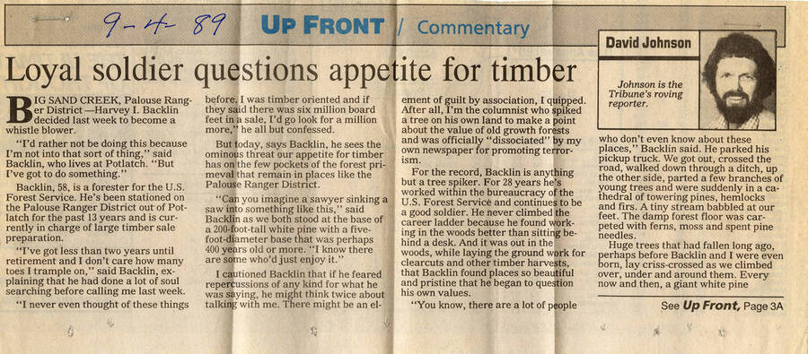 Newspaper article discussing a forester's concern for the few remaining forests in the Palouse Ranger District.