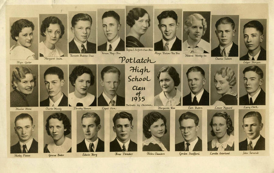 The class photograph for Potlatch High School class of 1935. Names read as subjects appear, left to right, front to back: Garber, Alyce; Smith, Margaret; Andrew, Kenneth; May, Vernon; Seifert, Regina I.; Poston, Alvyn; Westby, Mildred; Talbott, Charles; Morgan, Edgar; Blood, Maxine; Mundy, Charles; Hansen, Dorothy; Oien, Loyal; Ross, Margaret; Buton, Early; Nygaard, Louise; Clark, Larry; Fiscus, Shirley; Baker, Geneva; Berg, Edwin; Thrasher, Arno; Chambers, Helen;Swofford, Gordon; Osterlund, Loretta; Sorweide, John.