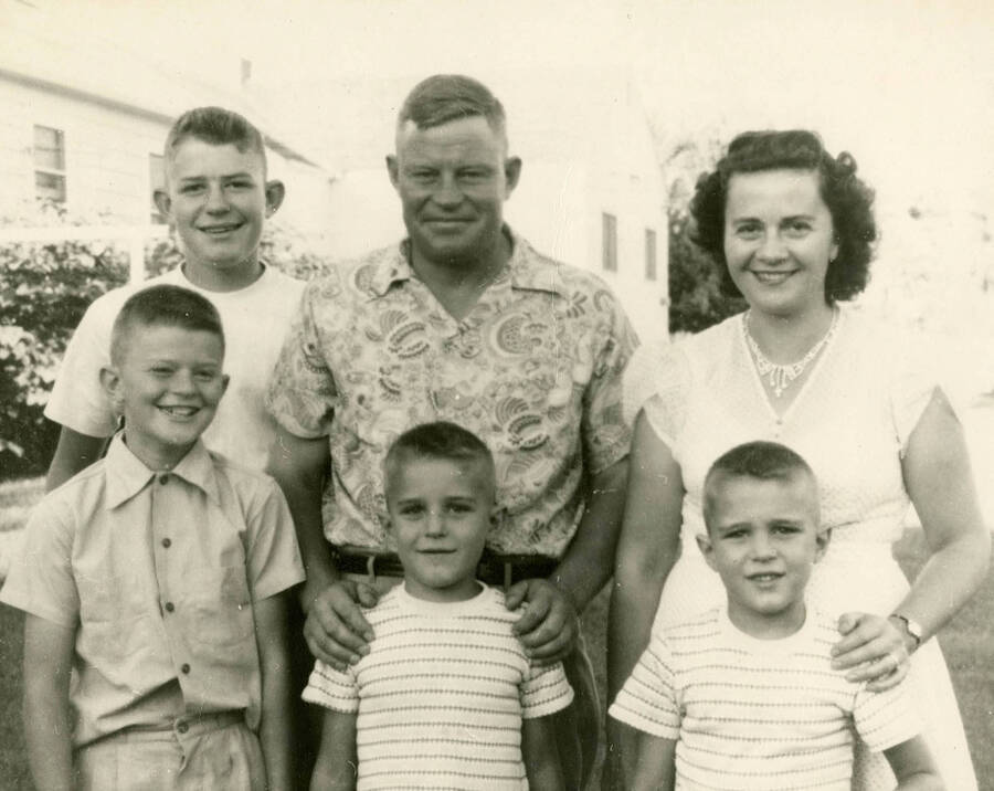 The Strong family gathered for a portrait. Names read as subjects appear, left to right, front to back: Strong, Gary; Strong, Douglas; Strong, Donald; Strong, Allen; Strong, Dwight; Strong, Cleora.