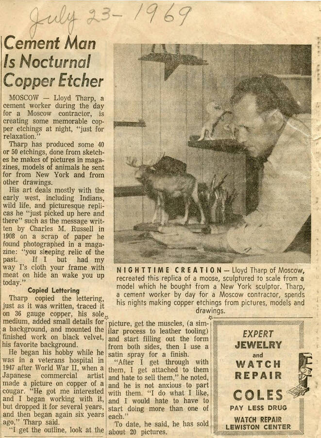 Daily News story on Llloyd Tharp, covering his hobby of copper etching and his daytime role as a cement worker with a contractor out of Moscow.