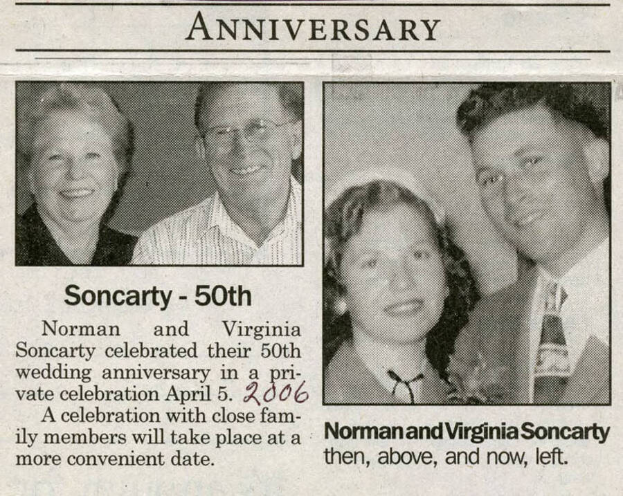 50th anniversary announcement for Virginia and Norman Soncarty