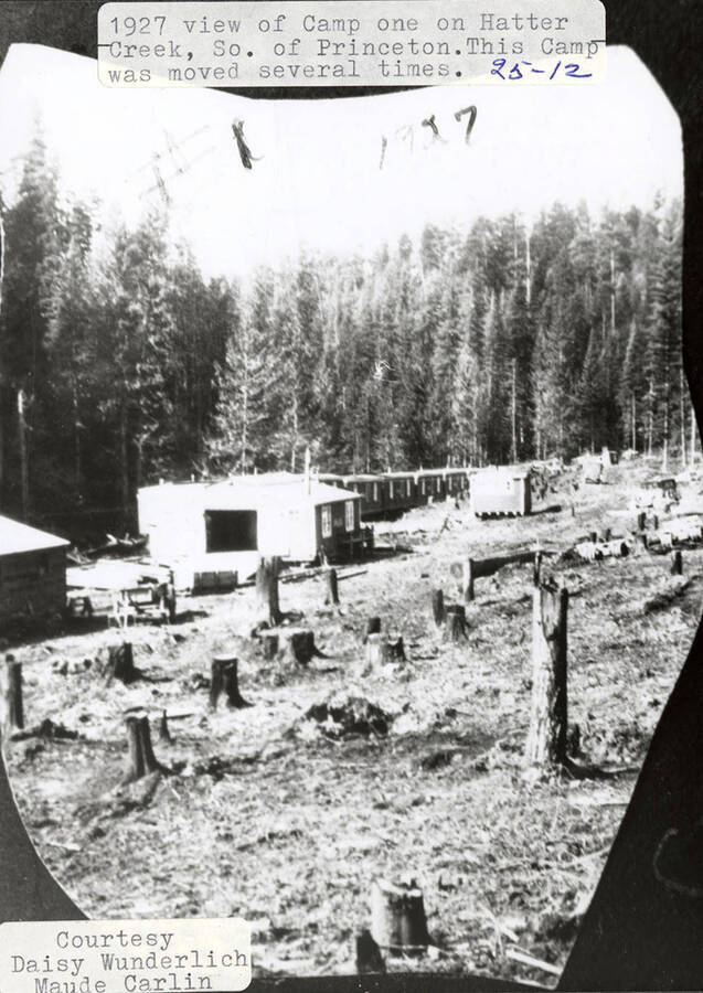View of camp one on Hatter Creek, which is located south of Princeton. This camp had been moved several times. Tree stumps and buildings can be seen all around the camp.