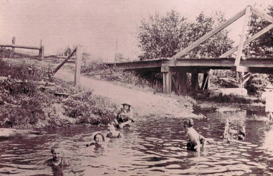 Print from original photograph, taken at Webster's Mill, Deep Creek, Northern Latah County, Idaho, 1888 or 1889, F.H. Brinkren Place; Swimming hole Fritz Brincken Place about 1908.