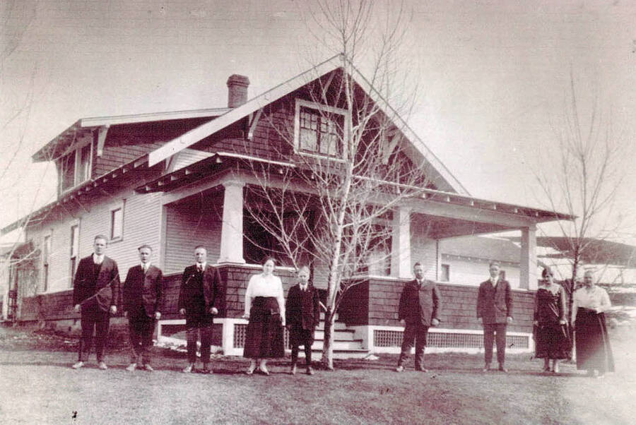 Rohn Family and home near Parvin, WA, across from Grange Hall. From left to right, Jake, Elmer, Fred, Gladys, Curt, Fred Sr. (father), Frank, Frances, Lula (mother).
