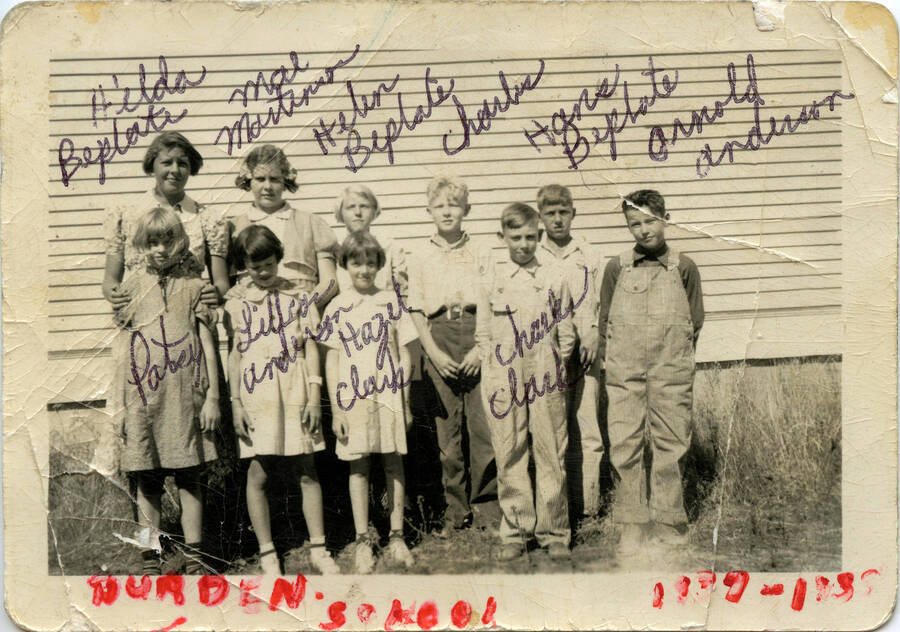 Children in front of Burden School in late 1930s. Names on photo.