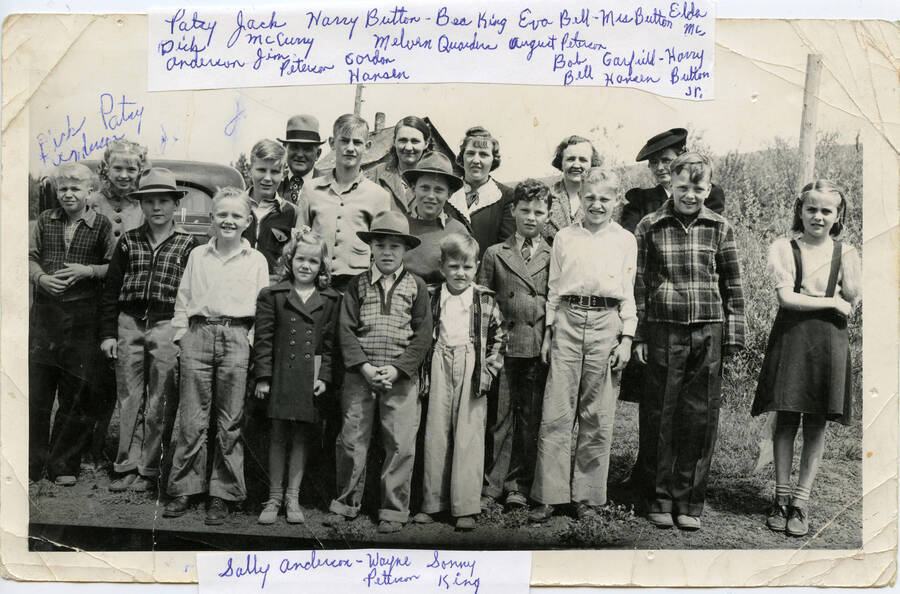 Children of Rock Creek School, names on photo. Betty Richardson is on the far right, standing by herself.