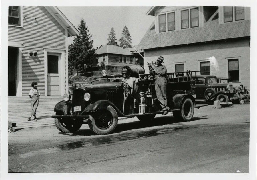 View of first fire engine in Potlatch with Ted Saad at the wheel