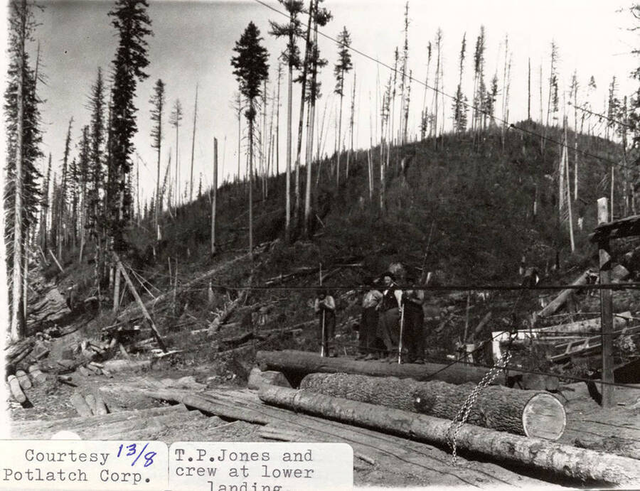 T. P. Jones and crew standing at the lower landing. They can be seen standing on a log, while a bunch of other logs lay in front of them .