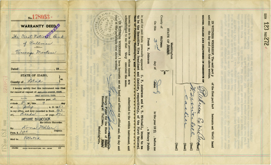 Warranty deed for land to Vincengo Montani. Property was located at Onoway.