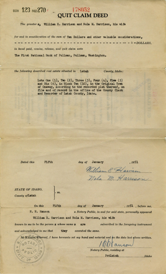 Quit Claim deed from William E. Harrison and Nola M. Harrison for ten thousand dollars to the First National Bank of Pullman, WA. Property was located at Onoway.