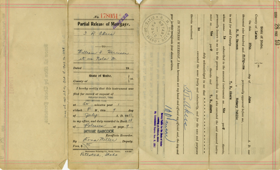 Partial Release of mortgage from J. R. Akers to WIlliam E Harrison and Nola M Harrison. Property was located at Onoway.