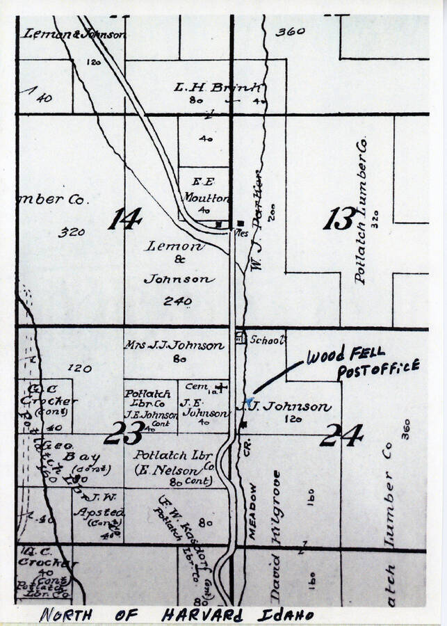 Plat Map of Woodfell, Idaho, just north of Harvard. A handwritten note points to the location of the Woodfell Post Office on the J.J. Johnson property.