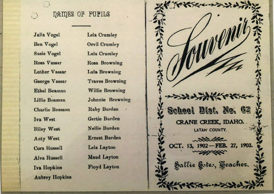 Crane Creek School 1903 souvenir booklet with list of pupils. The teacher was Sallie Estes.