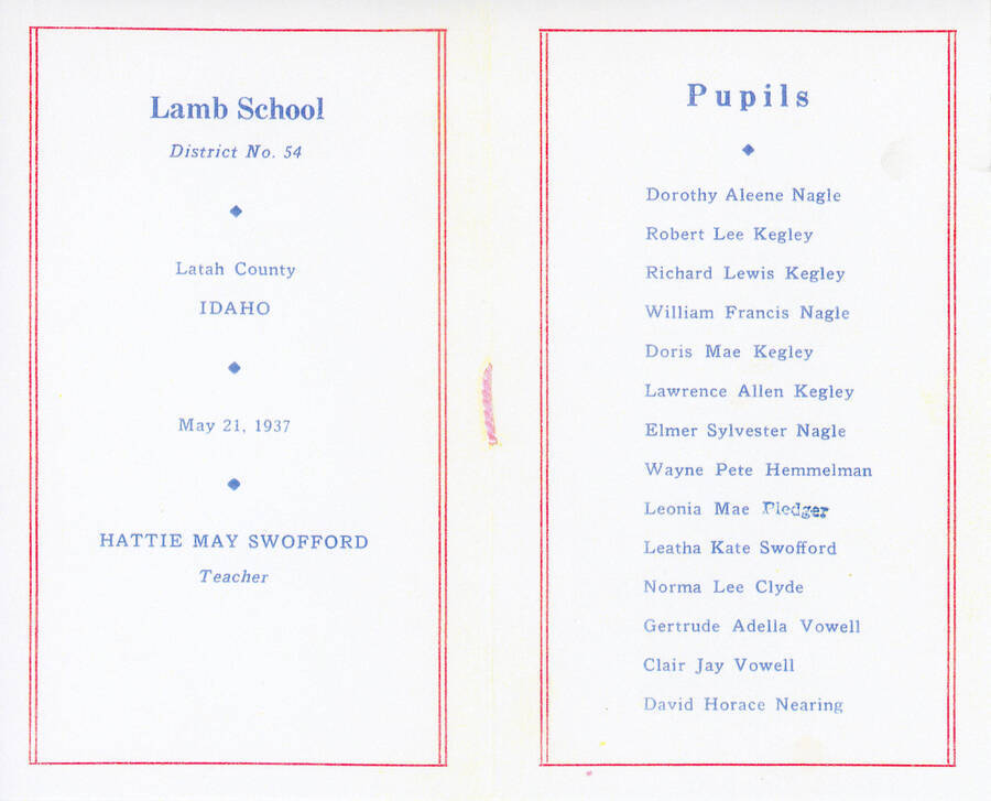 Lamb School souvenir booklet from 1937. Hattie May Swofford was the teacher.