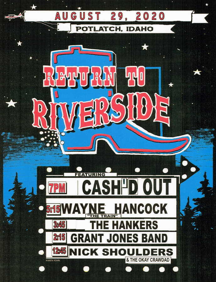 A poster for the 2020 Return to Riverside music festival in Potlatch.