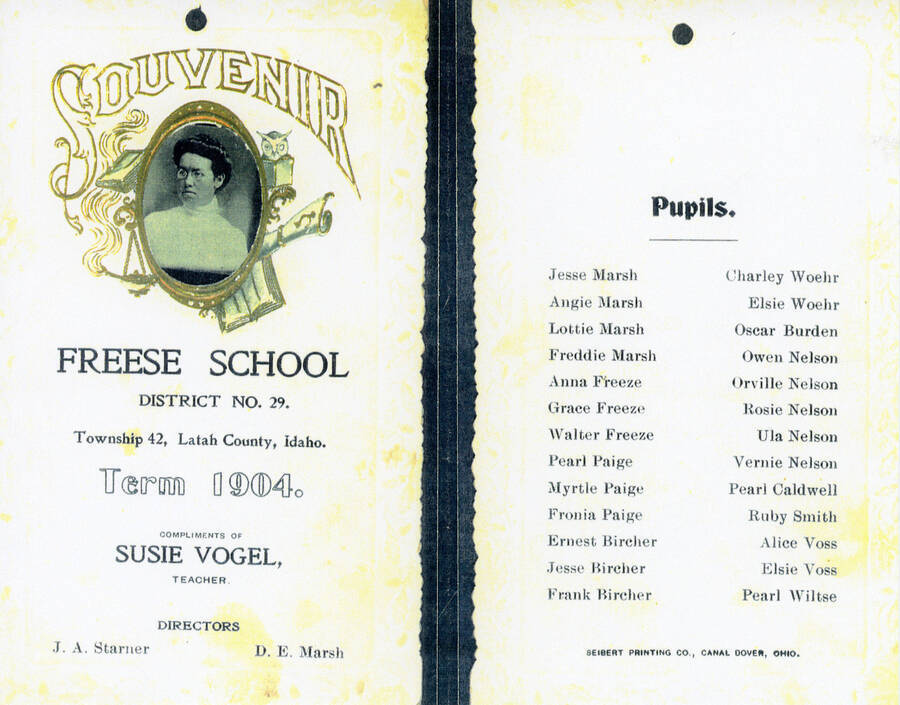 Freeze School souvenir booklet from the 1904 term. Susie Vogel was the teacher.