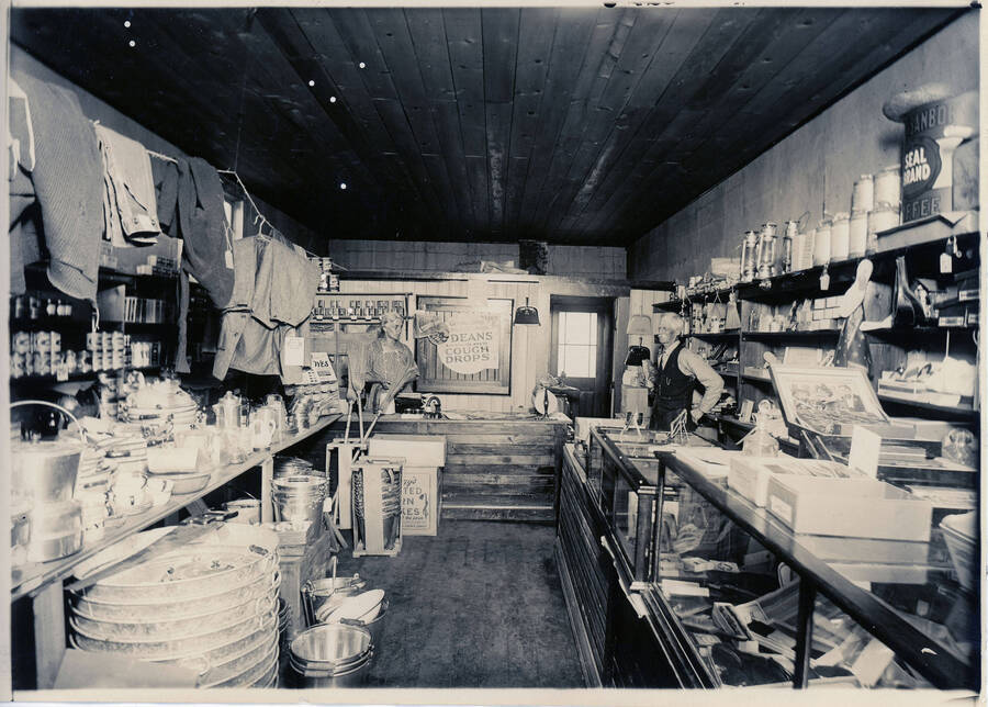 Interior of the store in Hampton (now Princeton), Idaho in 1922.