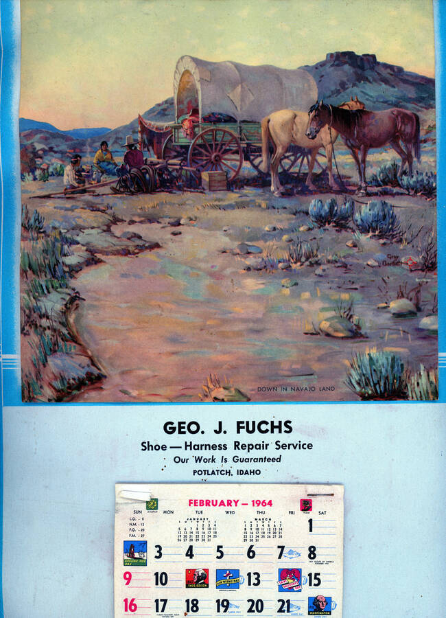 A tear-away calendar from George J. Fuchs' Shoe - Harness Repair Service in Potlatch, Idaho for the year 1964.