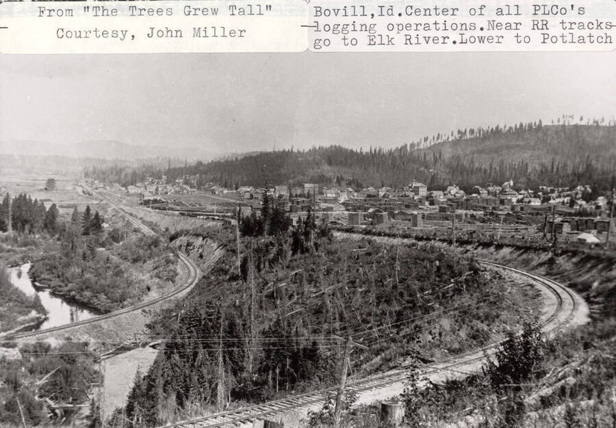 View of Bovill, which was the center of all of Potlatch Lumber Company's logging operations. The railroad tracks can be seen running next to the city and go towards Elk River. The town's buildings can also be seen in the background.