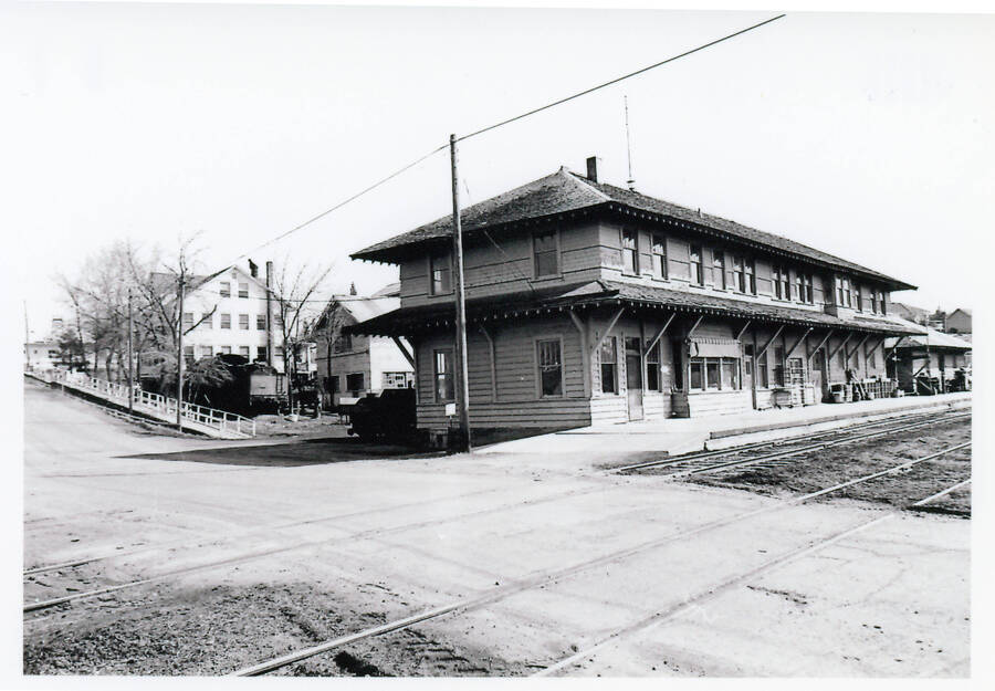 The Potlatch Depot in the foreground, City Hall in the background.