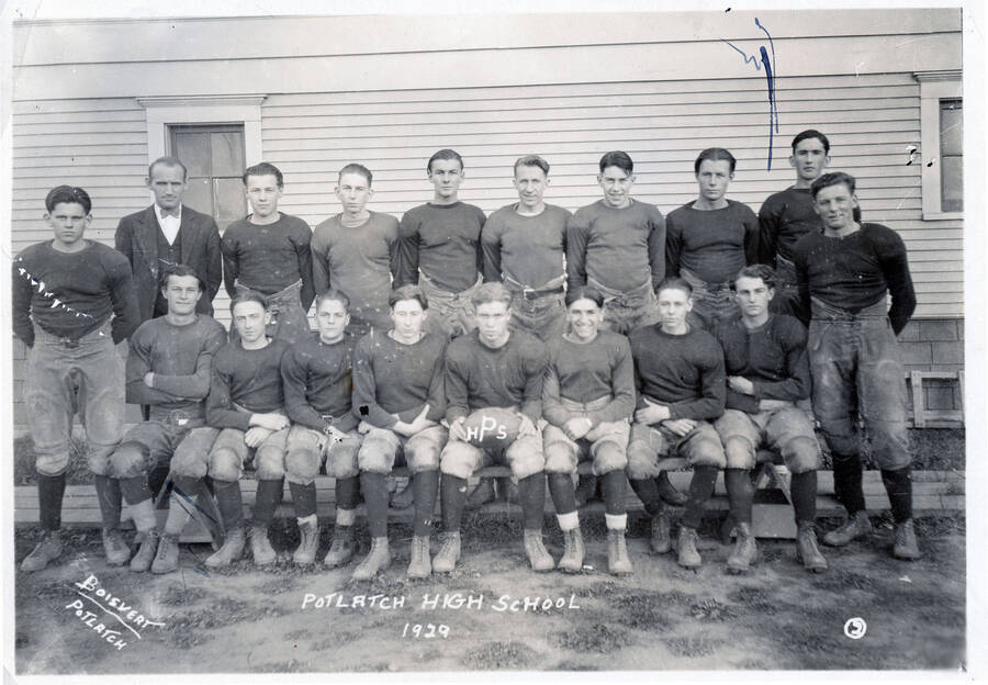 Potlatch High School football team, 1929. Player names included but not specific which player is who: Bud Egan, Joe Faller, Don Thompson, Jim Kanila, Vincent O’Reilly, Victor Anderson, Walter Bock, Tony DeSantis, Virgil Krause, Wiley McBride, Homer Peterson, Maurice Davis, C.M. Nielsen, Archie Wilkins, Delford Jilalind, Frank C. Gibson, Henry Kirsch, Paul Van West, Herald Chambers.