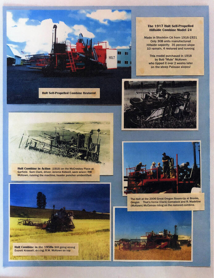A display board depicting different views and uses of the 1917 Holt self-propelled hillside combine Model 24.