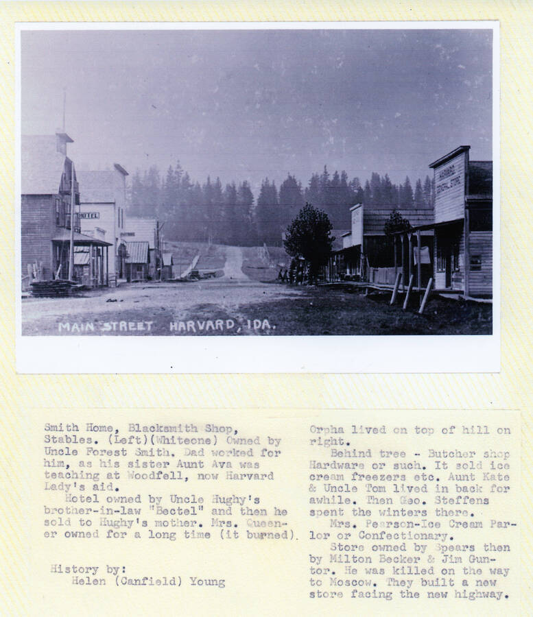 Main Street businesses in Harvard, Idaho. Text in the image is a history by Helen (Canfield) Young.
