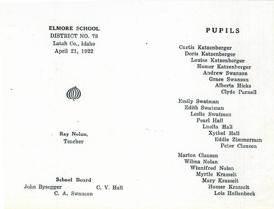 Elmore School souvenir booklet from 1922. Ray Nolan was the teacher.