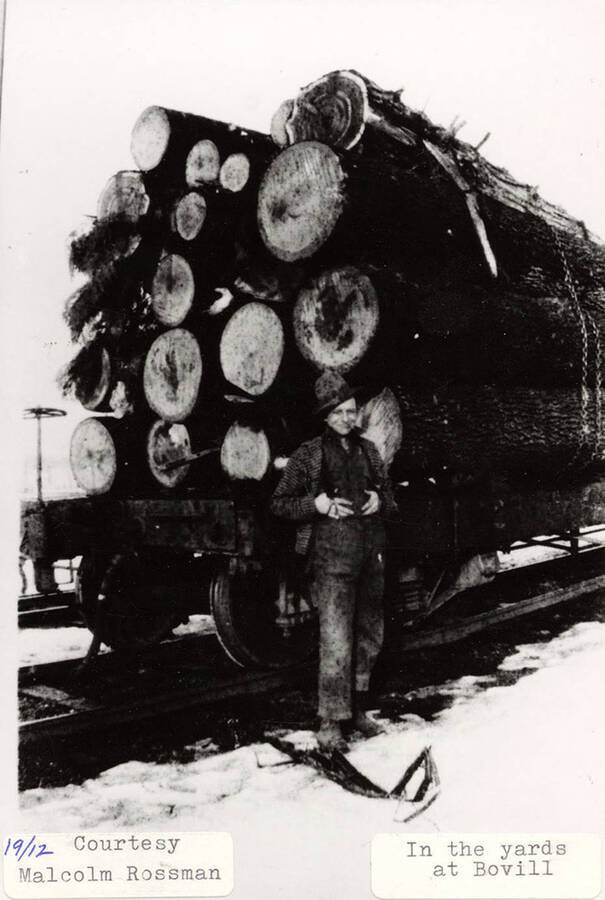 A man standing next to a railroad car with a stack of logs on it in the yards at Bovill, Idaho.