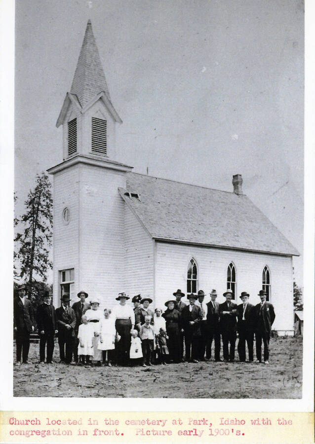 Congregation in front of the church in Park, Idaho in the 1900s.