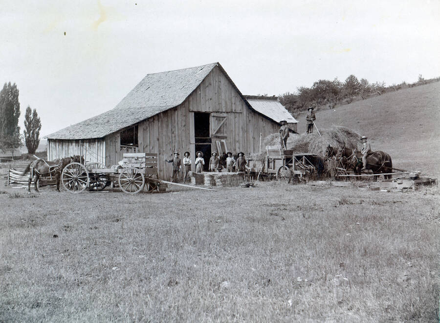 A group of men bales hay with the Bysegger baler on the Ike Miller place.