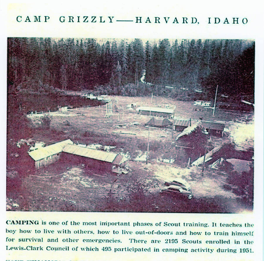 A description of camping at Camp Grizzly for scout training. Text in the photo reads: "Camping is one of the most important phases of Scout training. It teaches the boy how to live with others, how to live out-of-doors and how to train himself for survival and other emergencies. Thre are 2195 Scouts enrolled in the Lewis-Clark Council of which 495 participated in camping activity during 1951."