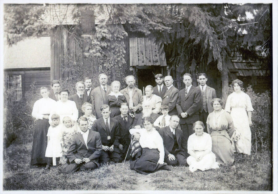 Family photograph taken in 1914 at the home of Orren (center) and Amanda Strong. Orren was 90 years old on that day. Lois Bysegger in front of him, Alvah Strong at his right, Russell Strong to his left, Jim Warrell in front of Russell. At Jim's left is Alice Strong McElroy; Alice's husband Carliss McElroy stands behind Alice. Next to Alice (on her knees) is Jim Strong's daughter, Ettie, and behind Ettie is her husband Homer Estes. At the extreme right is Elsie Katzenberger. Going back to Orren, Jane Strong is behind him. Ralph Strong is to the left. Willie Bysegger stands over Jane's shoulder. Between Willie & Corlis is Orren's son Charles A. Strong. At Ralph's right is Jim Strong and his wife Maria Strong. Milt Swatman is next to Jim Strong. George Strong stands next with Lettie (his wife) in front of him. Nina Swatman at Lettie's right. Mark Swatman behind her and May Gibbs at the end. In front of Nina are Edith and Leslie. Arthur Strong is next to Leslie and Rowell Strong is between Arthur and Alvah.