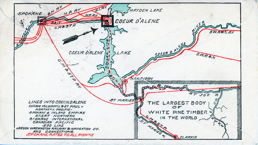 A White Pine Timber map showing all the railways into Spokane and Coeur d'Alene.