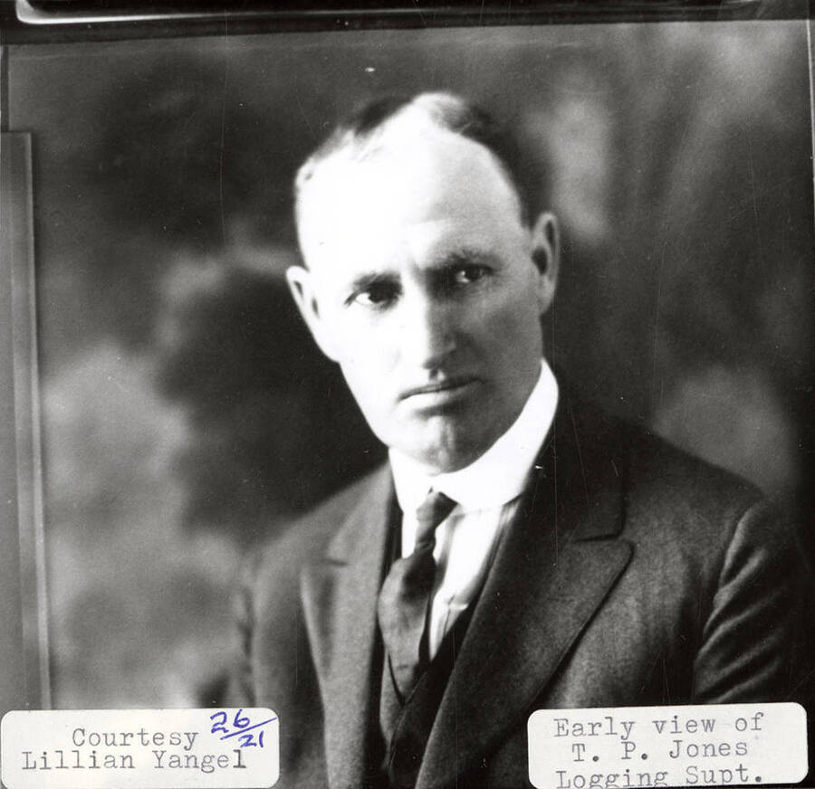 Portrait of T. P. Jones, the Potlatch Lumber Company logging superintendent, during his early years.