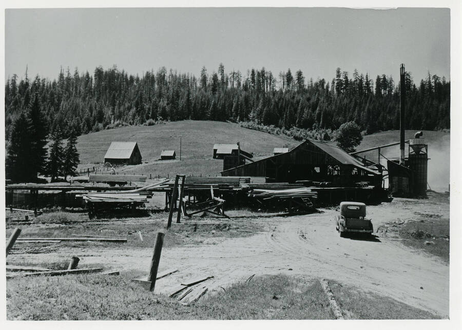 Photograph of the lumberyard at the D.I. Nirk Lumber Company.