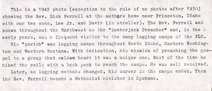 Description of the photo of Rev. Dick Ferrel sitting with Lee Jr. and David. The document talks about Rev. Dick Ferrell and his contribution to logging camps throughout the North Idaho, Eastern Washington, and Western Montana areas.