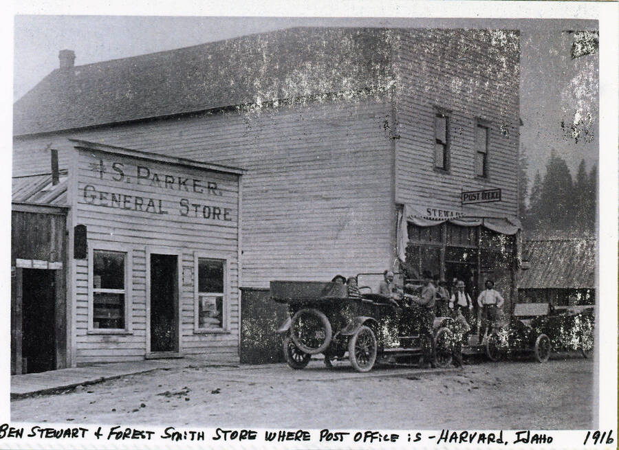 The Ben Stewart and Forest Smith Store in Harvard, Idaho in 1916. The post office was also part of the store.
