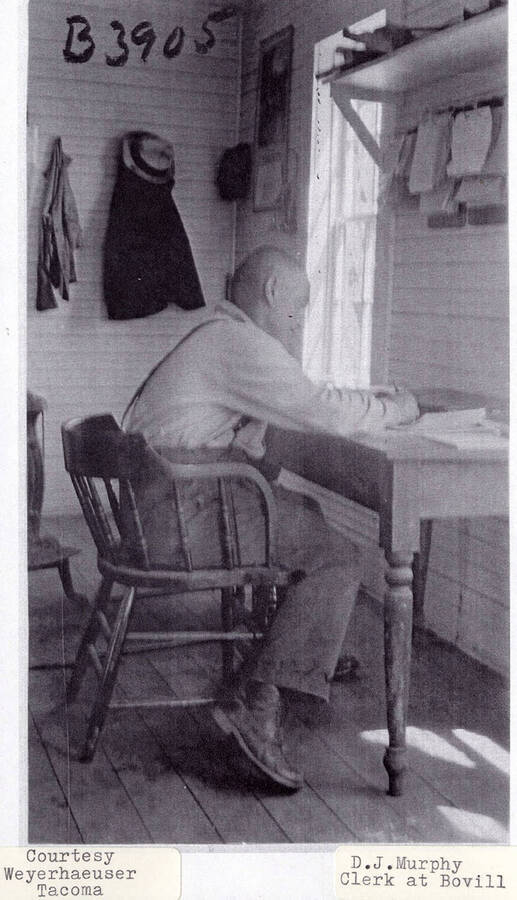 D. J. Murphy, a clerk in Bovill, sitting at a desk writing in a book.