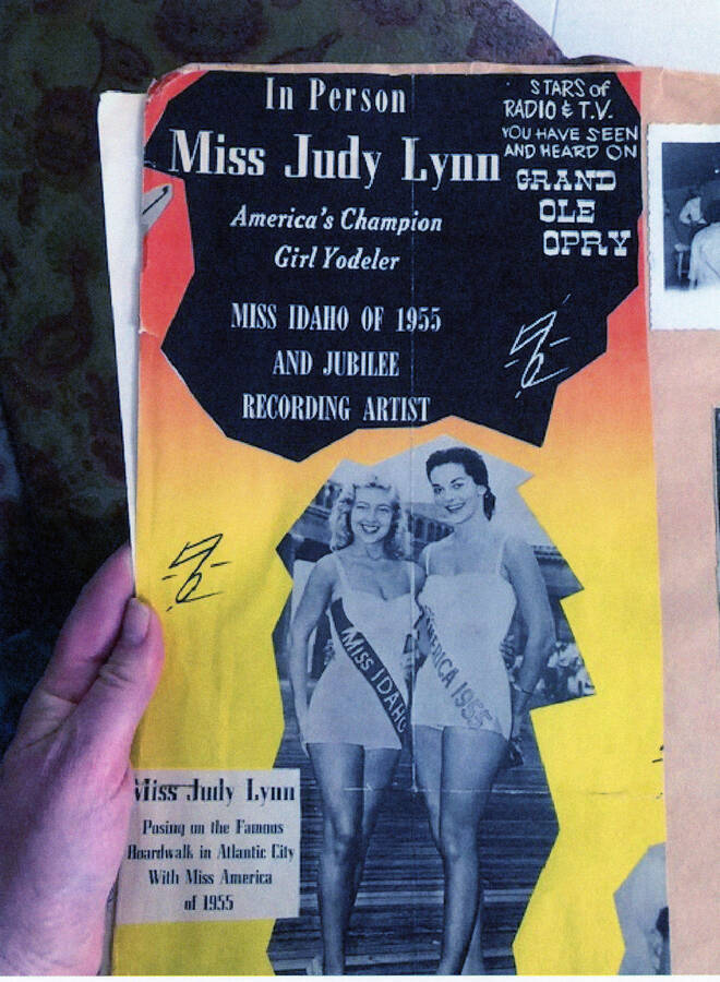 A poster featuring Judy Lynn (left), Miss Idaho 1955, posing with Miss America 1955 (right) on the famous boardwalk in Atlantic City, New Jersey. The poster was advertising one of Judy Lynn's performances at Riverside Park in Potlatch. 